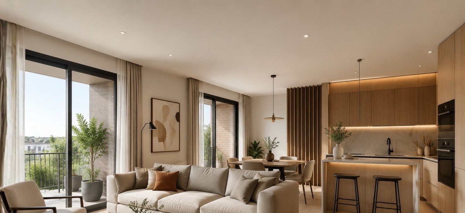 Salón-comedor y cocina con grandes ventanales y suelo de lamas en tono madera